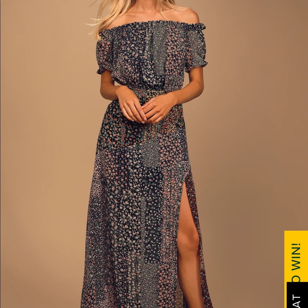 NWT Neva Navy Blue Floral Print Off-the-Shoulder Maxi Dress